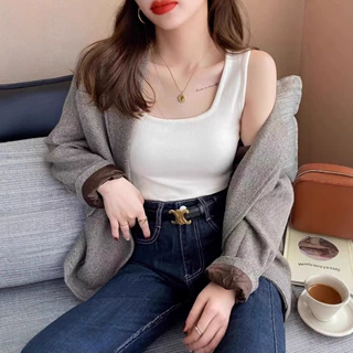 网红爆款挂脖背心女外穿夏薄款方领工字遮副乳修身螺纹吊带背心