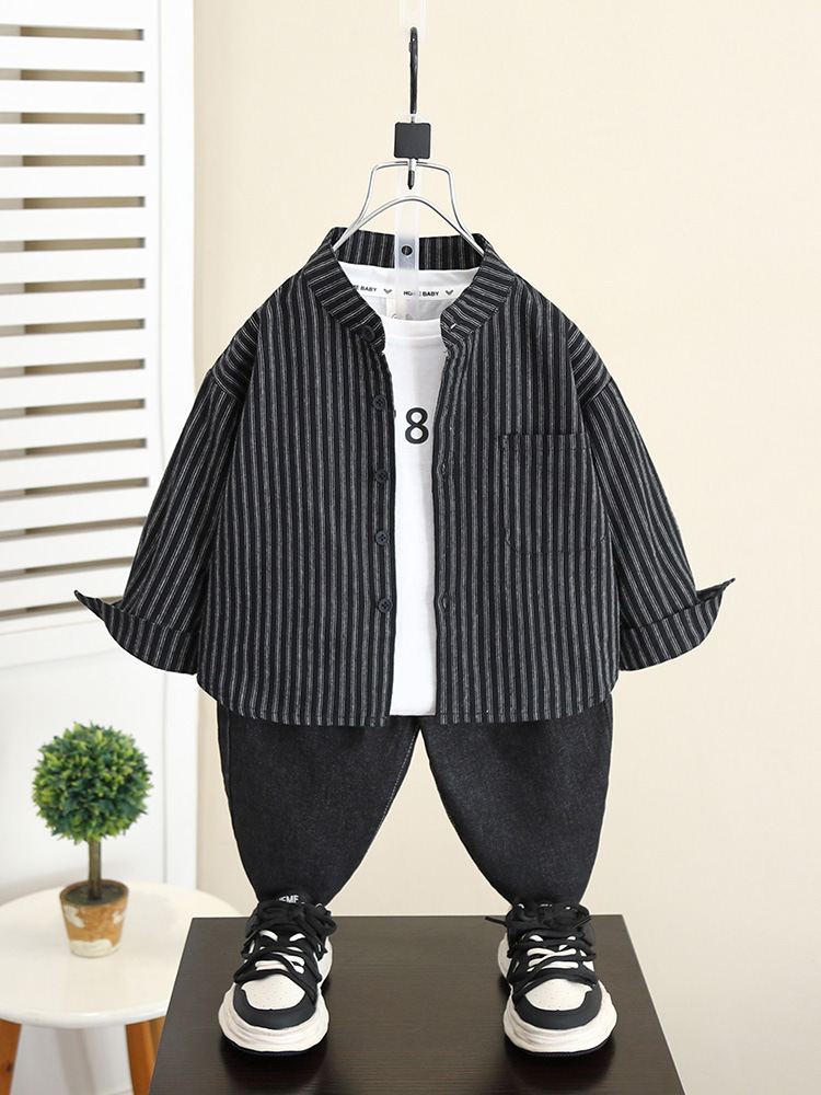 5842 Camisa de manga larga para niños Estilo de primavera y otoño 2024 Nuevo estilo Chaqueta de camisa a rayas de otoño para niños