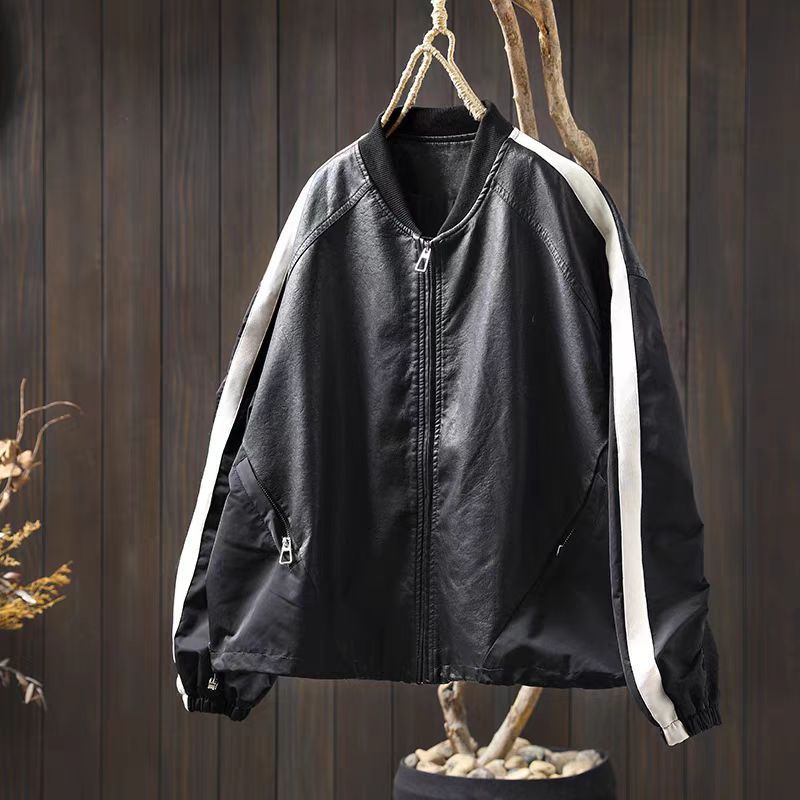 Fashionable and Stylish Color-Blocking Pu Leather Jacket for Women, Plus Size Loose Casual Baseball Collar Cardigan Top