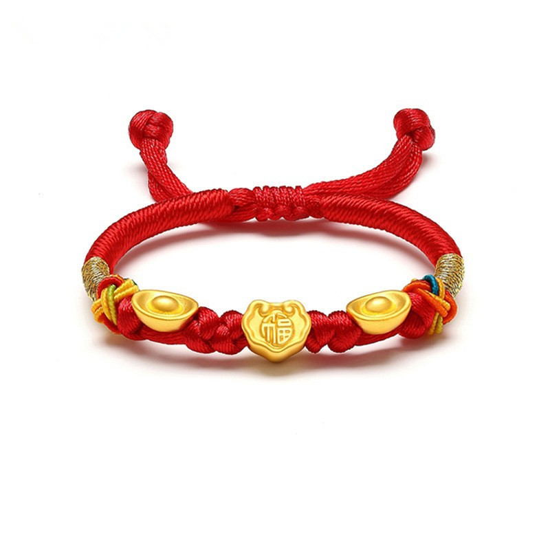 Baby Gold Bracelet with the Word "Fu", Longevity Lock and Transfer Beads, 999 Pure Gold Bracelet, Braided Red Rope, Full Moon Gift