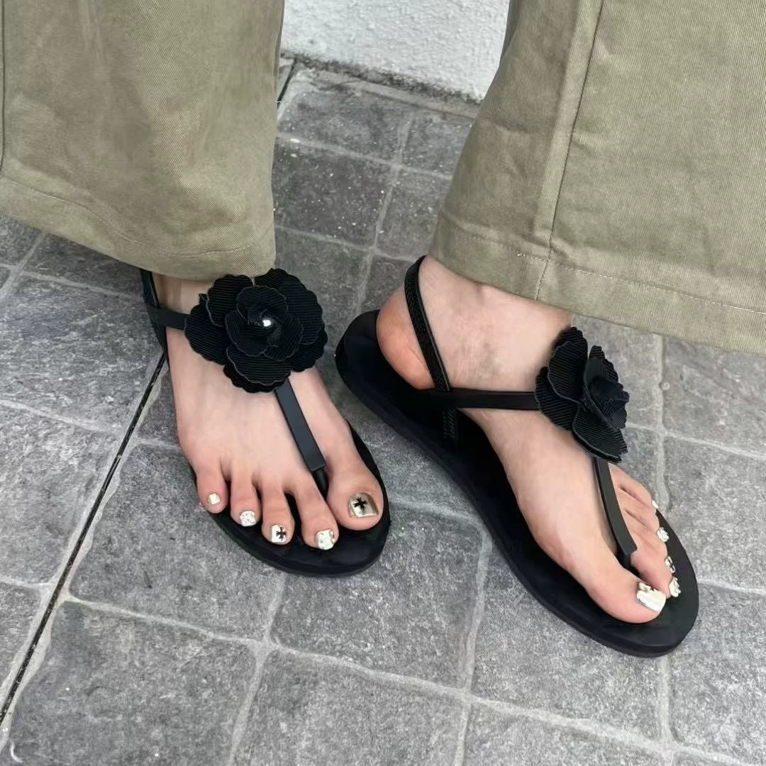 Zhetao2025 новый стиль Летние женские ножки сандалии плоская подошва резиновые нескользящие камелия пляжные случайные сандалии