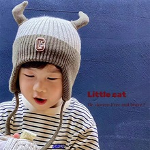 寶寶帽子秋冬針織保暖毛線帽刺綉字母A 類針織棉布內襯套頭護耳帽