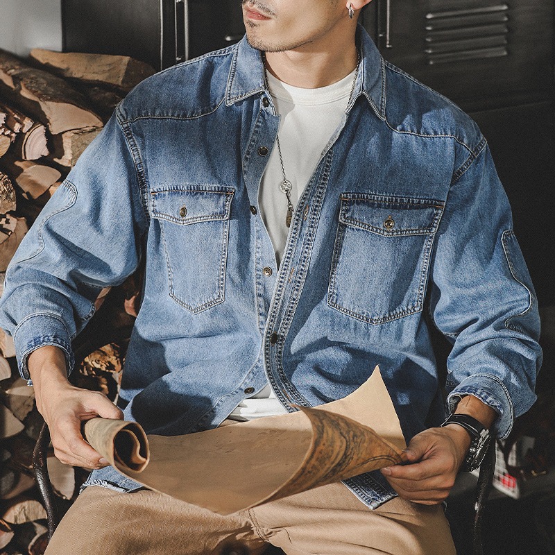 美式复古工装衬衫男长袖春秋男ins潮牌衬衣牛仔外套潮男跨境现货