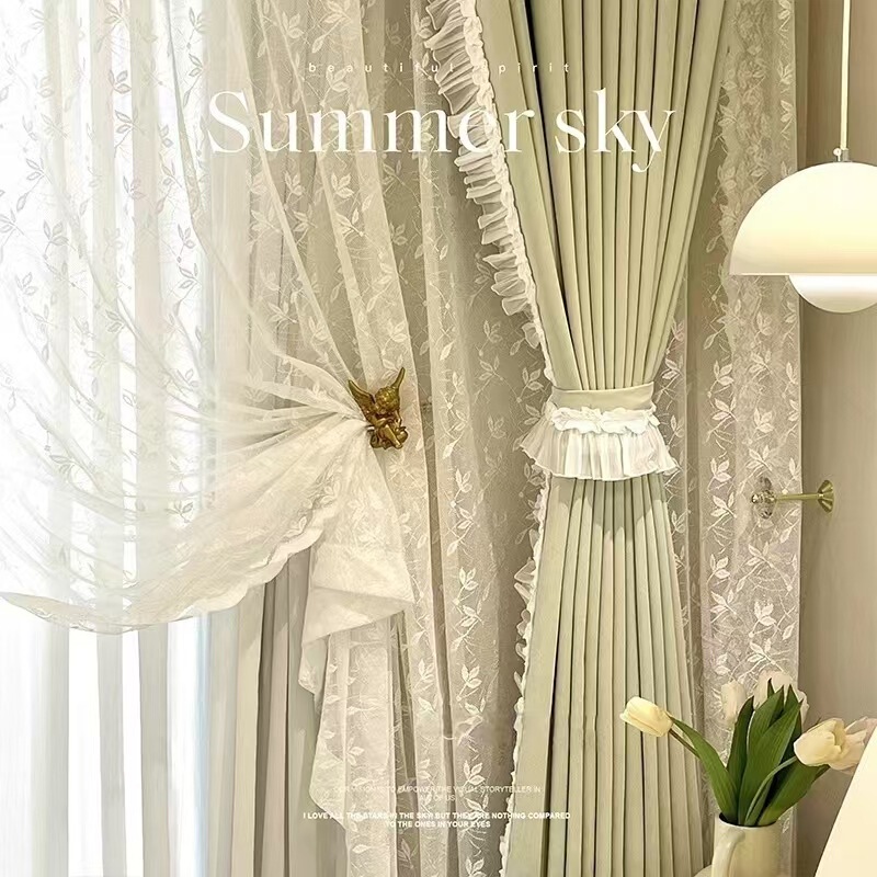 French-Style Cream Lime Milk Green Blackout Chenille Curtains with Dandelion Yarn for Bedroom and Living Room, Fresh and Simple Custom Curtains
