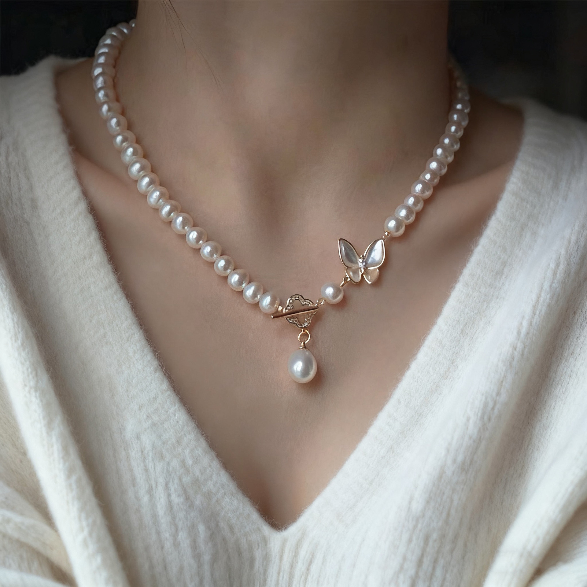 Colar de pérolas de luxo com fecho magnético para mulheres_voghion.com