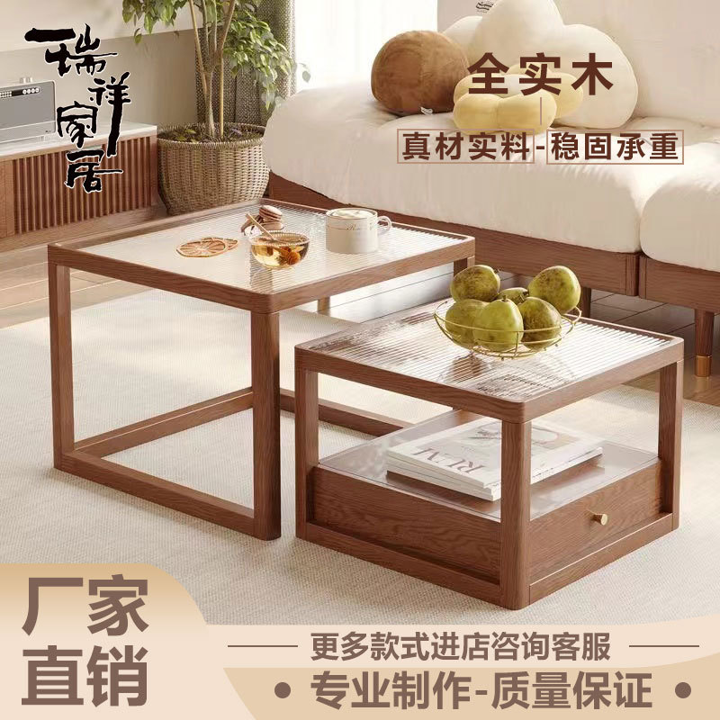 Solid Wood Coffee Table, Log Side Table, Corner Table, Changhong Glass Slate Coffee Table, Small Apartment Living Room, Balcony, Home Tea Table