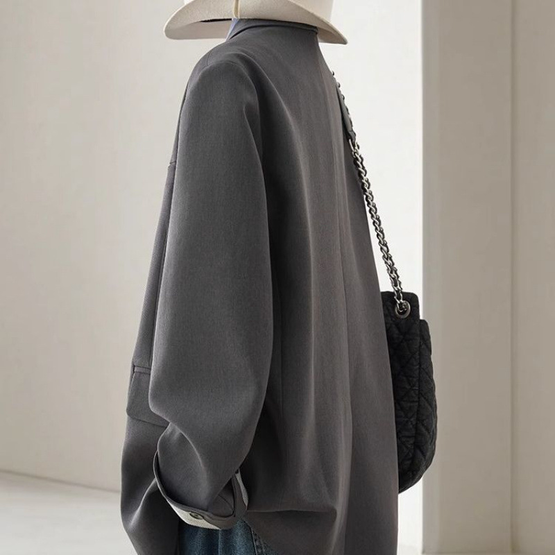 大码灰色宽松显瘦西装女2025春季新款高品质袖口设计感复古外套|undefined