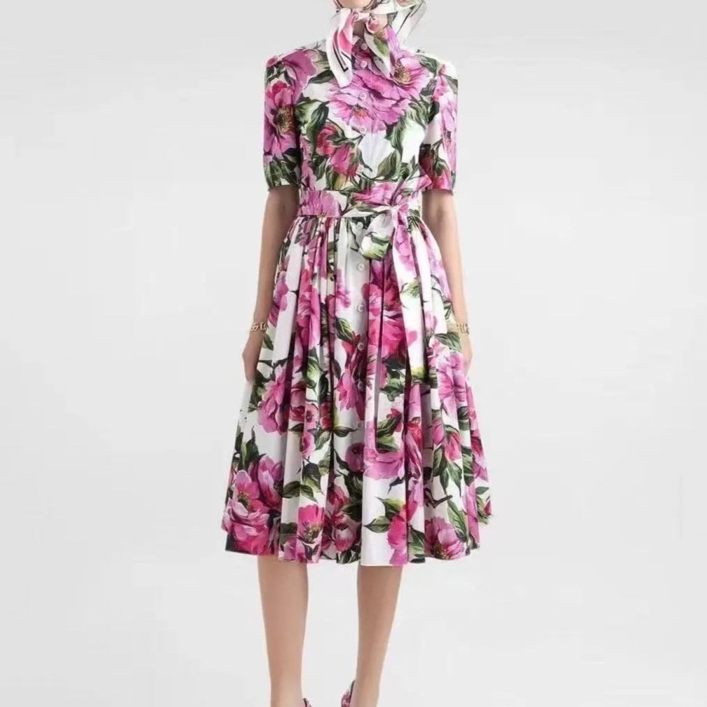 高端欧美女装连衣裙春秋季新款收腰显瘦气质玫瑰花大摆衬衫长裙