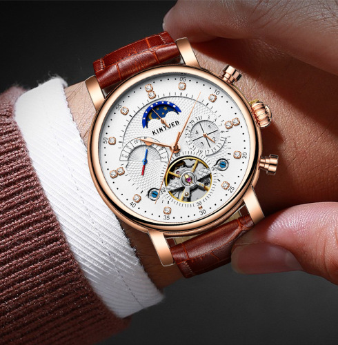 KINYUED multifunctional mechanical watch tourbillon fully automatic men's watch moon phase mechanical watch business men's watch