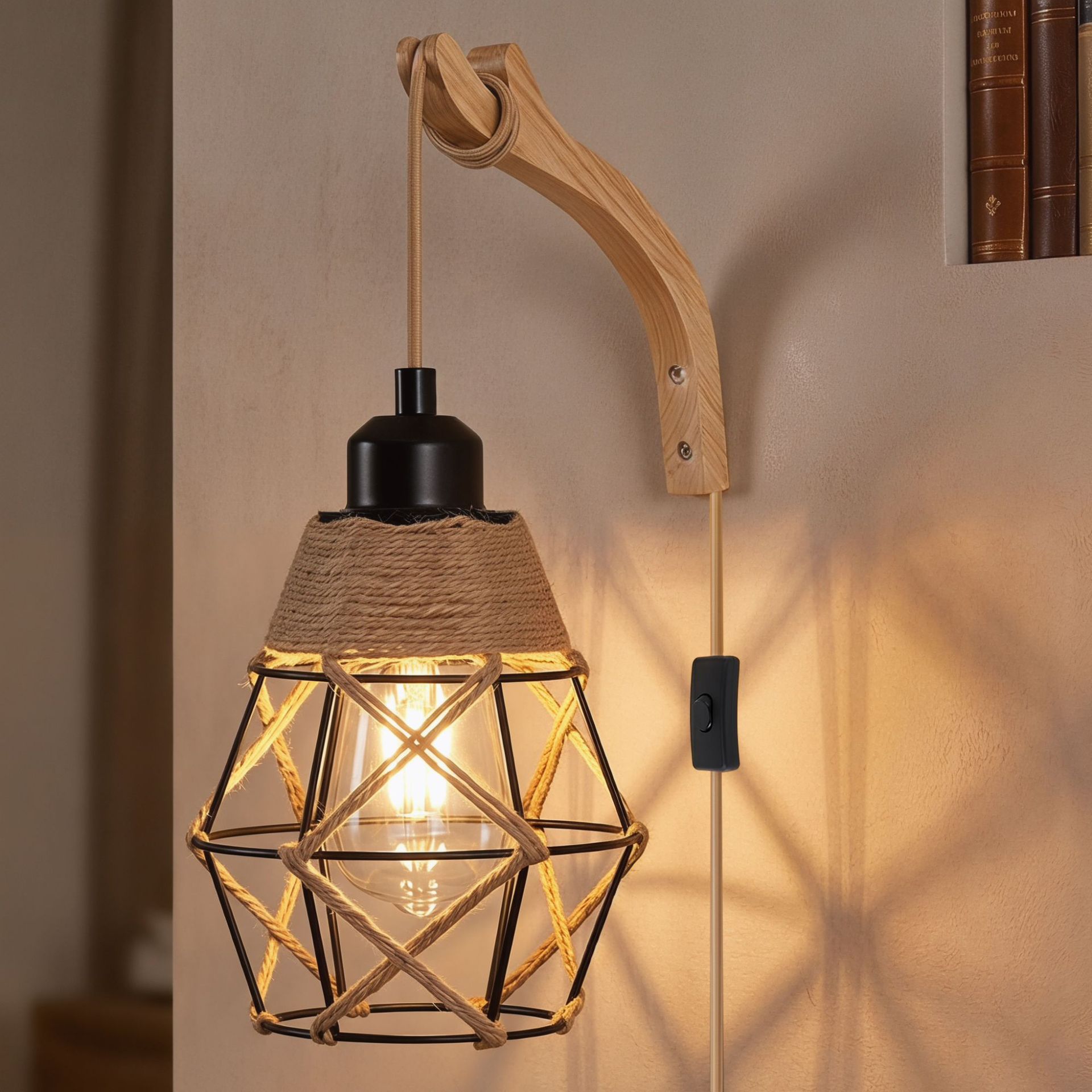 Lámpara de pared enchufable estilo americano rústico madera sólida lámpara de pared de cuerda de cáñamo industrial lámpara de pared de cuerda de cáñamo transfronteriza lámpara de pared de comercio electrónico