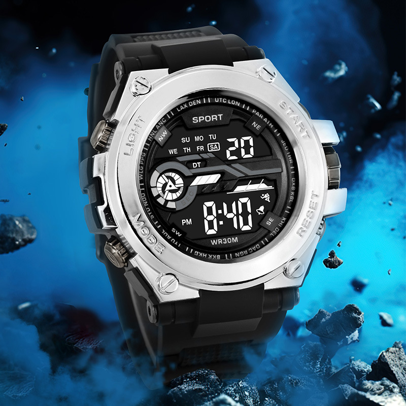 Cross-border dedicado hombres electrochapados reloj electrónico de moda multi-función de alarma luminosa deportes reloj electrónico