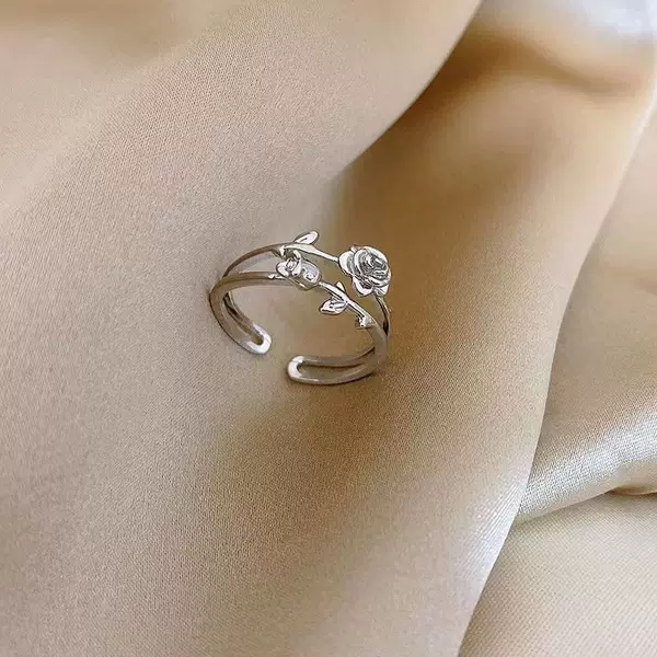 925 Silver Double-Layer Thorn Rose Ring for Women Ins Niche Design Stylish Fashion Versatile Index Finger Open Ring