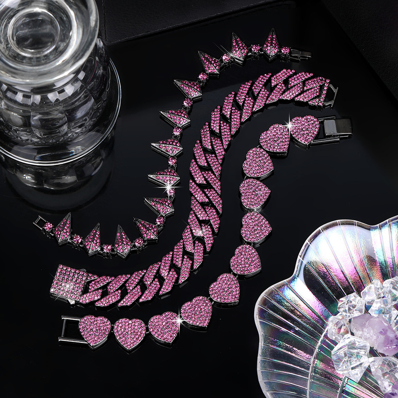 TEMU cross-border hot-selling purple diamond heart chain Cuban chain spiked bracelet set hip-hop jewelry direct from manufacturer