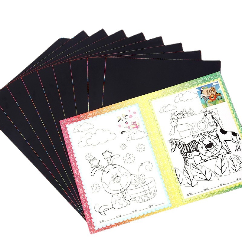 100 piezas de papel de rasguño colorido para niños A4 pintura de rasguño 16K papel de cera de rasguño 8 papel de pintura de arena abierto estudiante DIY libro de pintura de rasguño