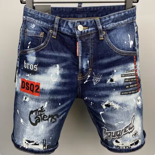 Men's Ripped Denim Shorts, Summer Thin Style, Printed and Distressed, Slim Fit, Versatile Korean Style Trendy Five-Point Pants Men's Ripped Denim Shorts, Summer Thin Style, Printed and Distressed, Slim Fit, Versatile Korean Style Trendy Five-Point Pants