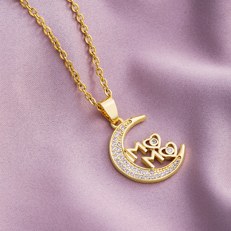 18K Gold Plated Plating Material Copper Pendant Material 304 Stainless Steel Copper Fashion MAMA Plating Inlay Letter Heart Shape Zircon Pendant Necklace