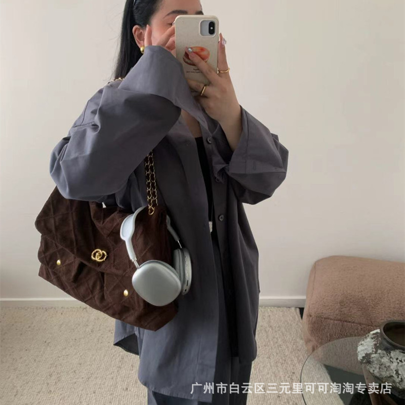 小香风菱格麂皮磨砂绒链条中古包2025新款大容量多口袋斜挎腋下包|undefined