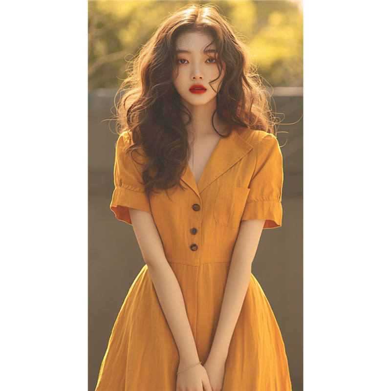 This Year's Popular Beautiful French Neapolitan Skirt Is Super Nice and Classy, Exquisite Yellow Shirt Dress for Summer This Year's Popular Beautiful French Neapolitan Skirt Is Super Nice and Classy, Exquisite Yellow Shirt Dress for Summer
