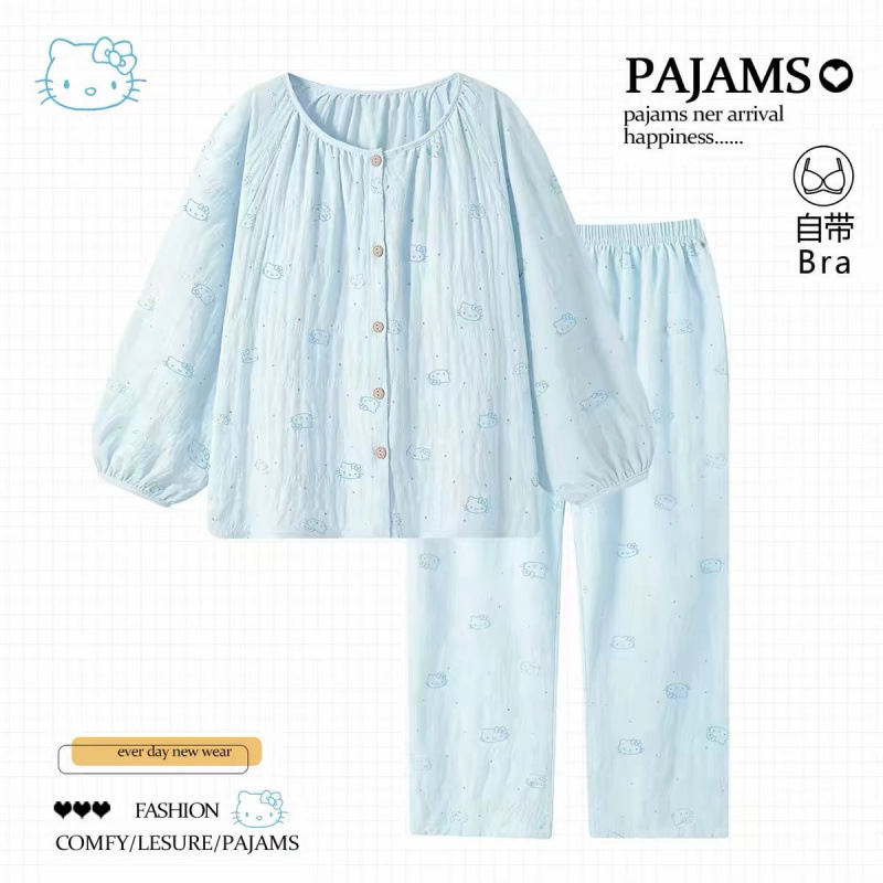 Women's spring and autumn cardigan pajamas with chest pads, double-length cartoon design, suitable for wearing outside, home wear