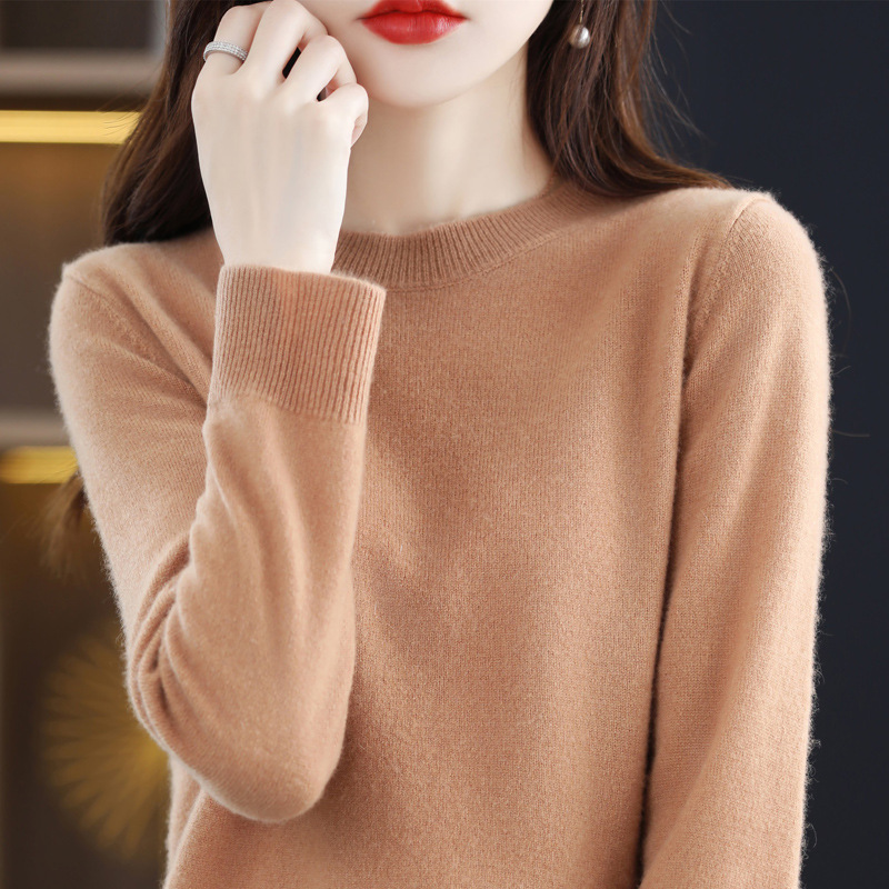 Nuevo otoño temprano cuello redondo 100 suéter de lana de las mujeres de moda simple flojo adelgazar punto manga larga que basa la camisa suéter de las mujeres