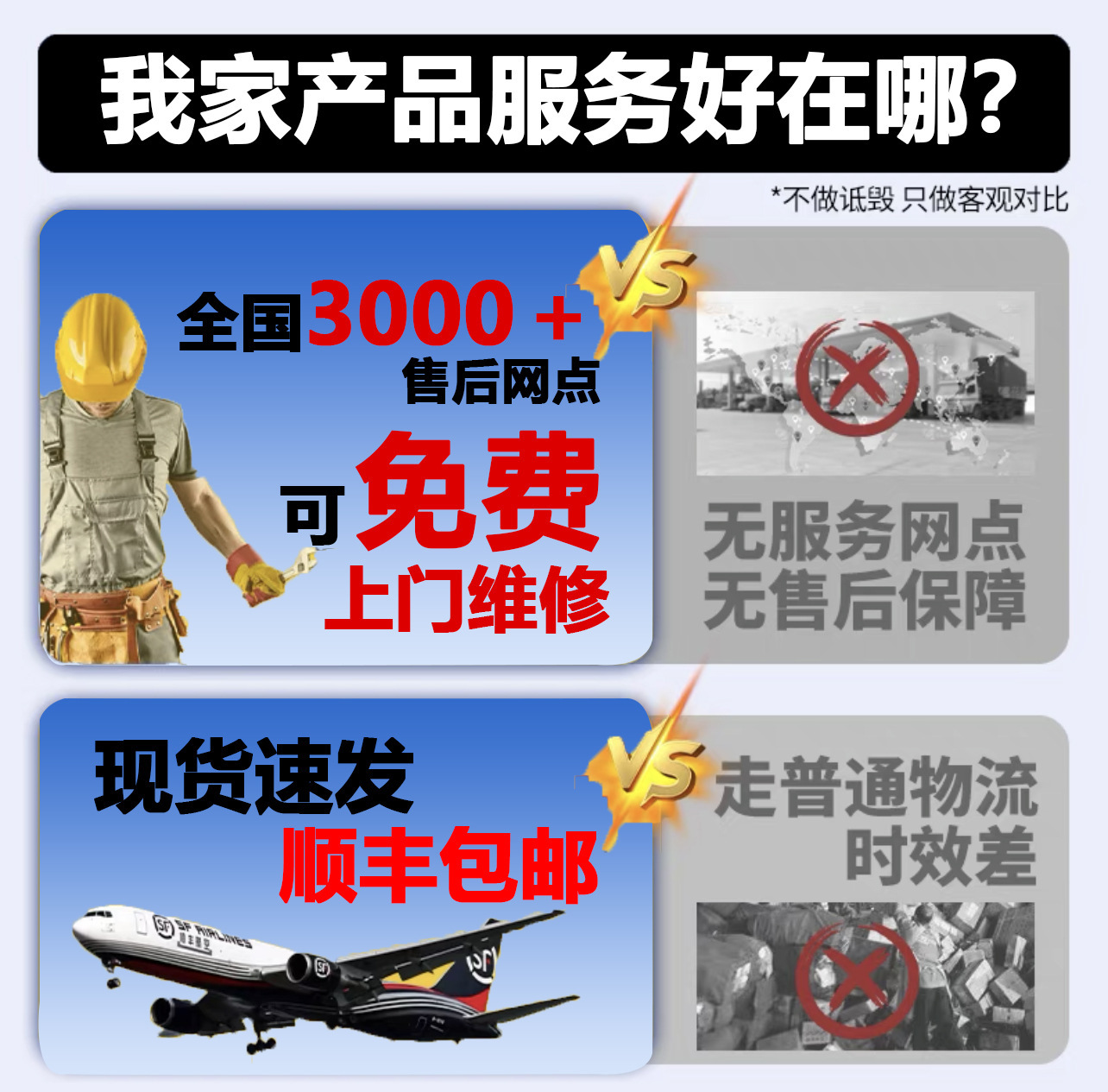 Más de 3.000 puntos de venta post - venta en todo el país pueden repararse a domicilio de forma gratuita. Los fabricantes poderosos venden de por vida