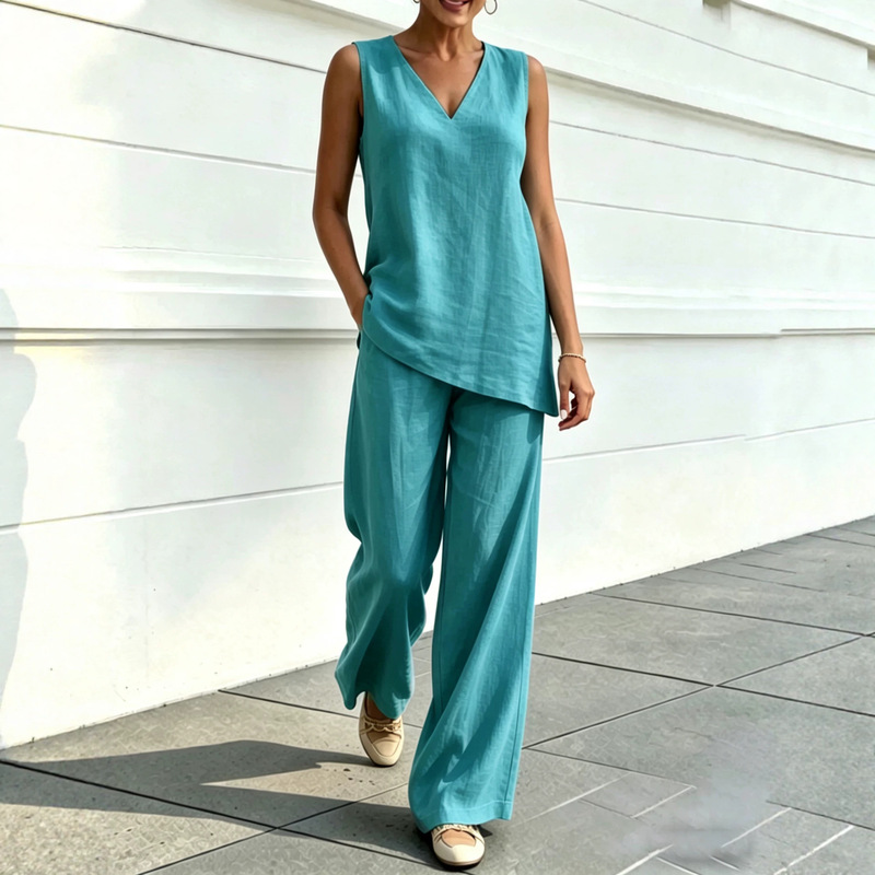 European and American Cross-Border Amazon Foreign Trade Women's Casual V-Neck Sleeveless Cotton and Linen Top and Wide-Leg Pants Two-Piece Set European and American Cross-Border Amazon Foreign Trade Women's Casual V-Neck Sleeveless Cotton and Linen Top and Wide-Leg Pants Two-Piece Set