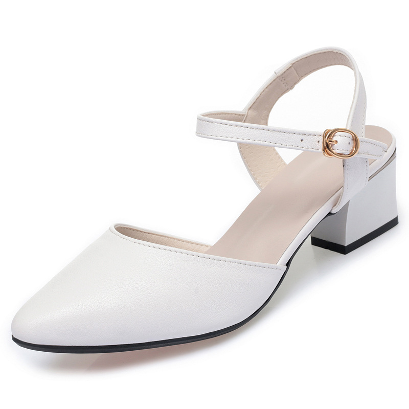 Sandal cao gót nữ mũi nhọn bít mũi da thật gót thô — Màu trắng