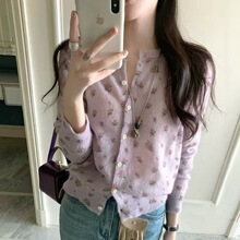 韩系漂亮白色碎花针织开衫外套女早春设计感小众外穿宽松显瘦上衣