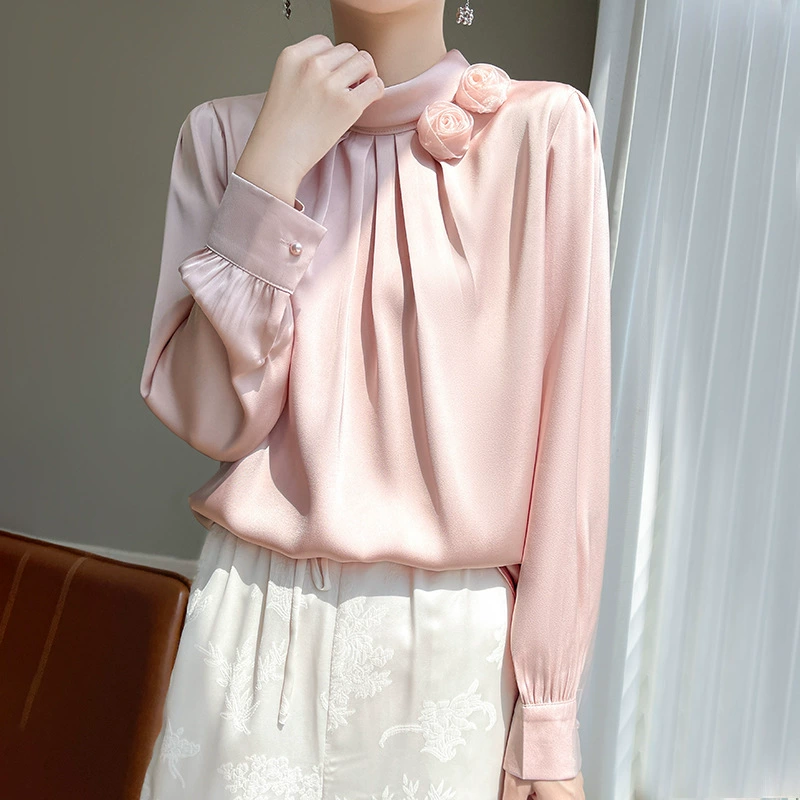 Корейская версия пригородного OL ветровой трехмерной цветочной складки с круглым вырезом шифоновая рубашка женская розовая свободная рубашка простой город