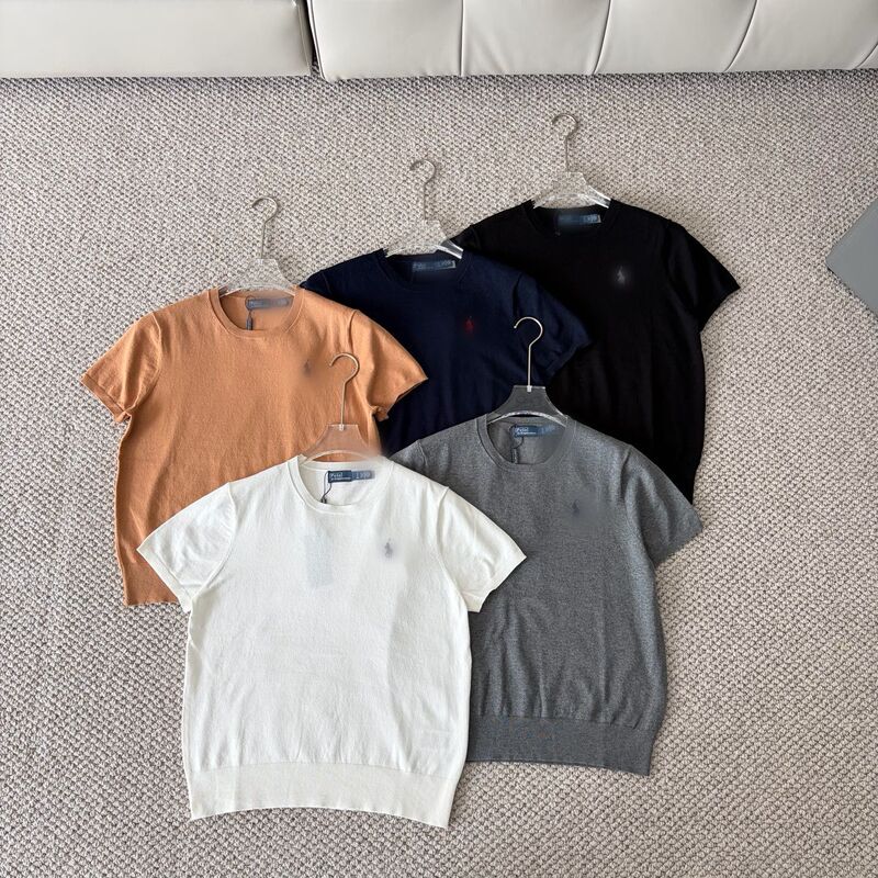 Cross-Border Foreign Trade Classic Embroidered Pony Logo Slim-Fit Round-Neck Knit Pullover Short-Sleeve T-Shirt Top for Women