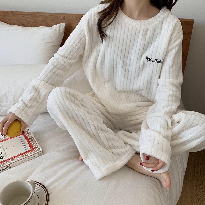 秋冬季珊瑚绒睡衣套装女加绒加厚家居服时尚可外穿法兰绒开衫睡袍|undefined