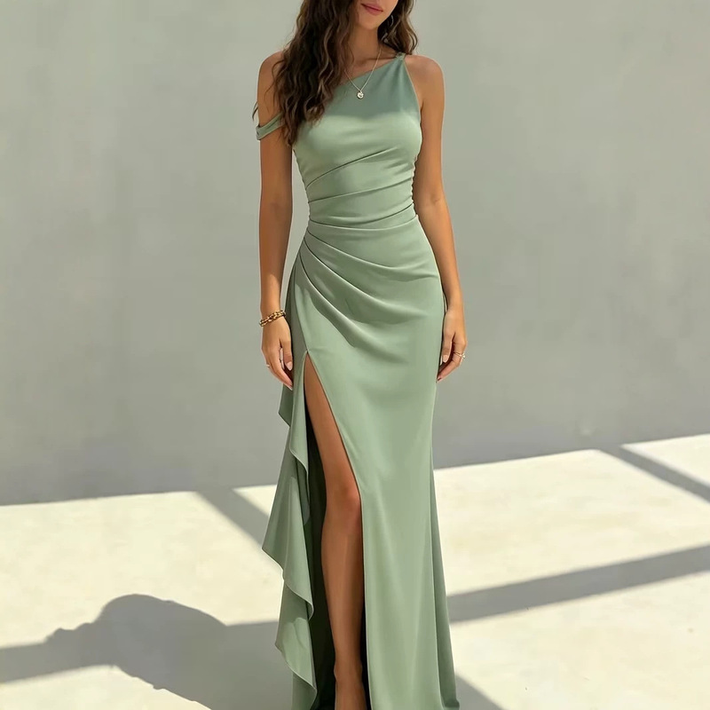 New Fashionable and Elegant Solid Color Off-Shoulder Ruched Waist Pleated Slit Long Dress for European and American Women New Fashionable and Elegant Solid Color Off-Shoulder Ruched Waist Pleated Slit Long Dress for European and American Women