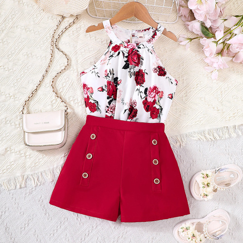 EW Children's Clothing, Middle Childhood New Girls' Summer V-Neck Top and Double-Collar Shorts Set DTZ973-D