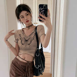 美式蝴蝶木耳边大领口正肩短袖t恤女夏辣妹紧身修身高腰短款上衣