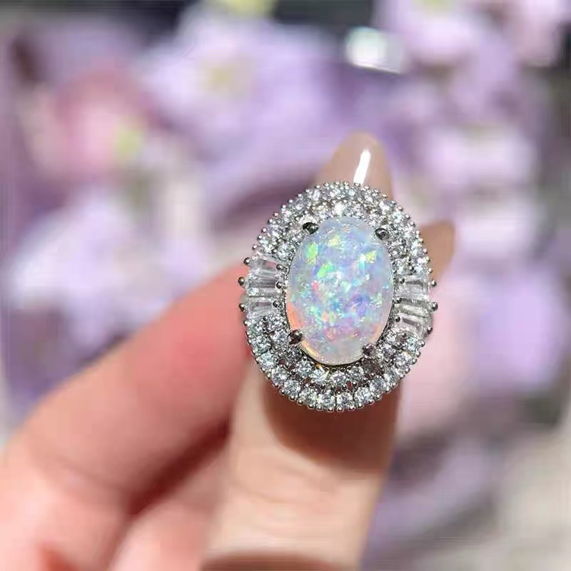 光芒月光石蛋形花环戒指美人鱼的泡泡镶嵌满钻水蓝锆石花朵食指戒