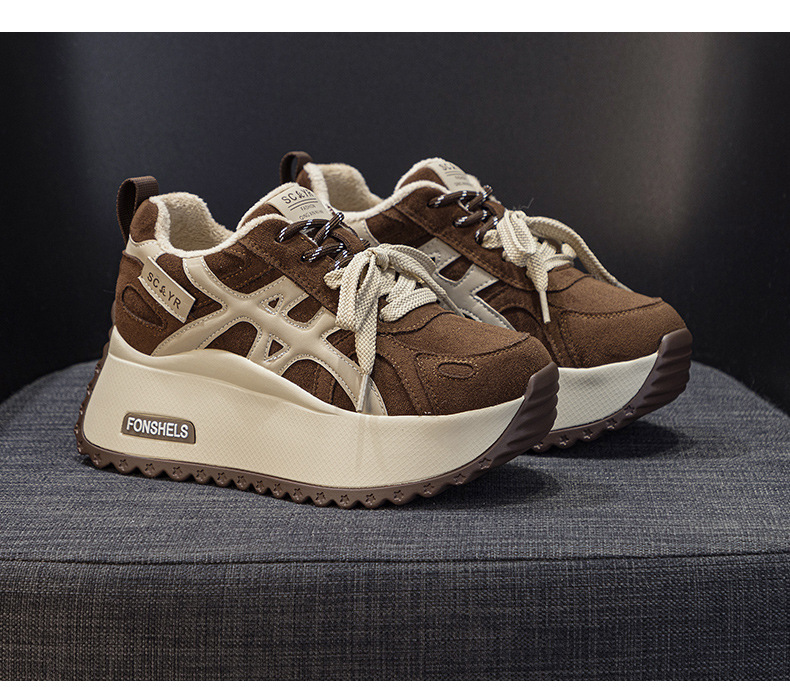 Giày sneaker nữ đế dày tăng chiều cao 7 cm phong cách đa năng mùa thu đông — M2999 li đơn màu vàng, M2999-1 màu vàng nhung, M2999-1 màu nâu cộng nhung, M2999 lớp lót đơn màu nâu chi tiết 21