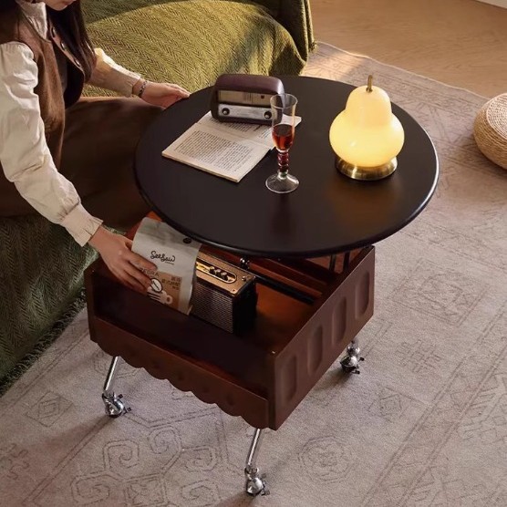 ミッドレトロフレンチ無垢材モバイルリフト折りたたみコーヒーテーブル家庭用小型ソファベッドサイド収納キャビネットティーサイドテーブル|undefined