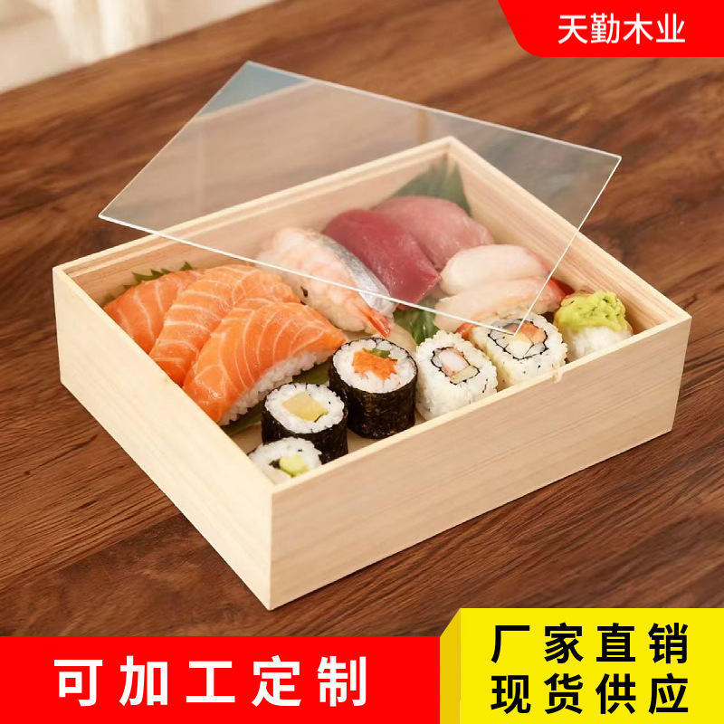 Cross-border Japanese Sushi Packaging Box Acrylic Lid Salmon Sashimi Packaging Box Wooden Fresh Take-away Box