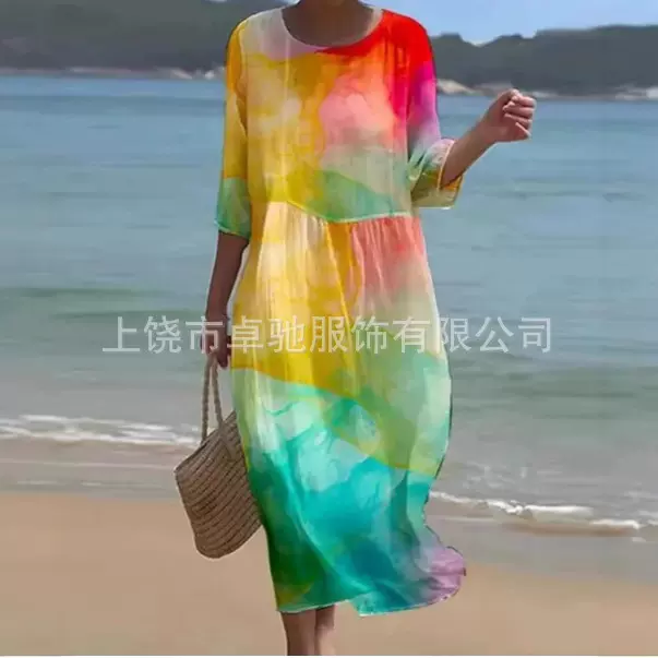 亚马逊跨境2023夏季新款欧美女装宽松圆领时尚高级长袖印花连衣裙