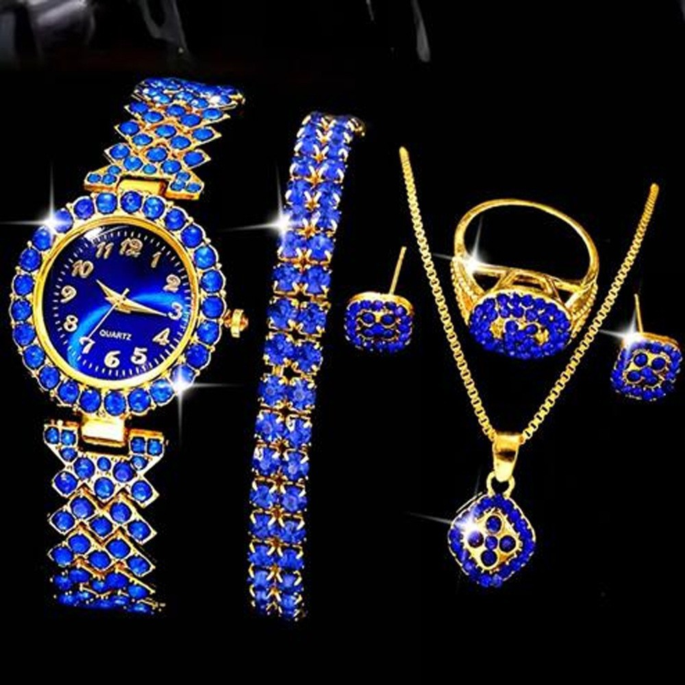 Cross-border best-selling fashion quartz watches for women, featuring colorful diamond accents, new 5-piece watch set, wholesale from the manufacturer