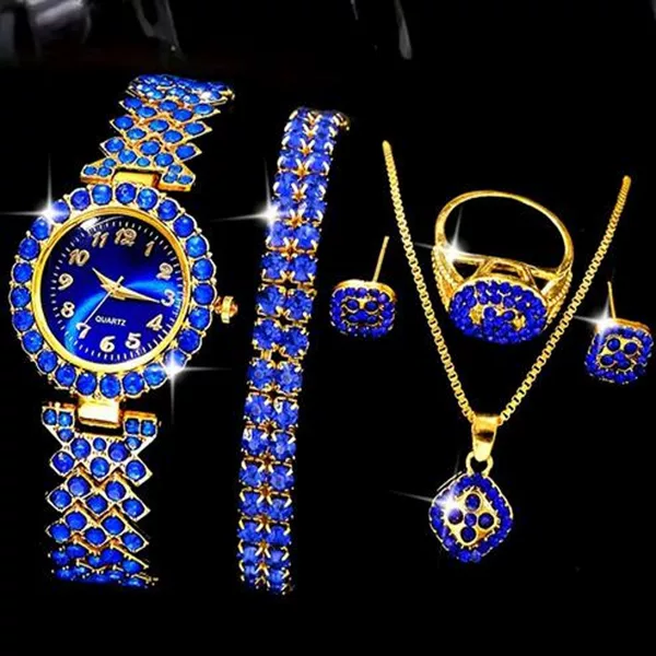 Cross-border best-selling fashion quartz watches for women, featuring colorful diamond accents, new 5-piece watch set, wholesale from the manufacturer