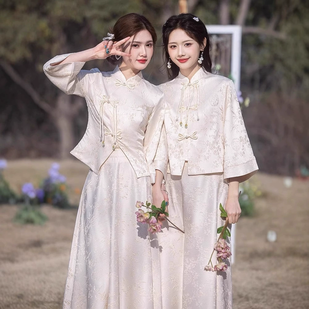 Bridesmaid dress, spring summer cheongsam, evening dress, skirt, Chinese style, champagne color