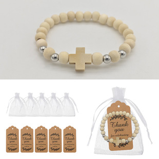 European and American Cross-Border Bohemian Style New Natural Wood Bead Cross Men's Bracelet Pendant Retro Rosary Bracelet