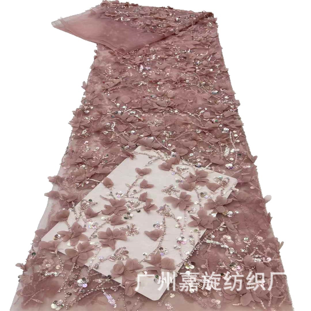 Telas 3D estéreo con encaje floral, tela de malla bordada con cuentas, tela bordada para vestido de novia.