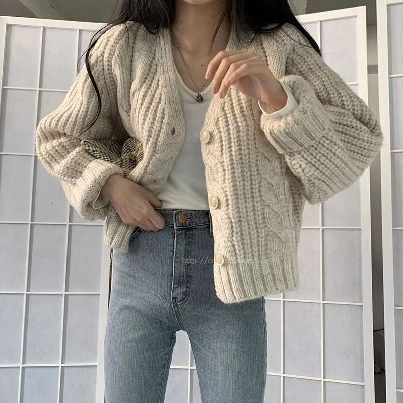 Cotton Cashmere New Sweater Jacket Cardigan Women's Spring & Fall Design Large Size Loose Lazy Style Knitted Outer Wear Apricot Color