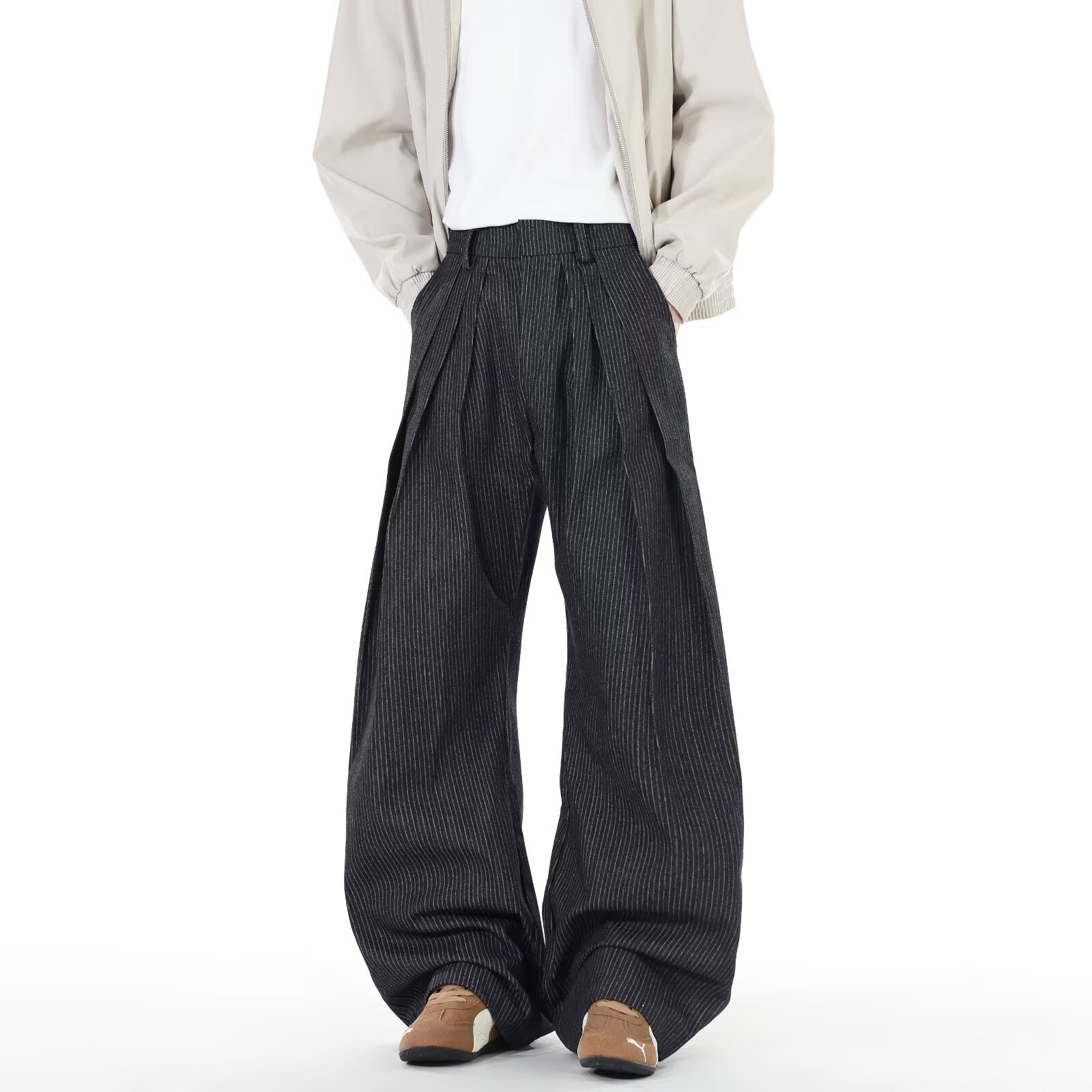 Old Money Style Striped A-Line Pleated Jeans for Men, American Retro Raw Denim with a High-End Feel, Loose Washed Denim Dress Pants