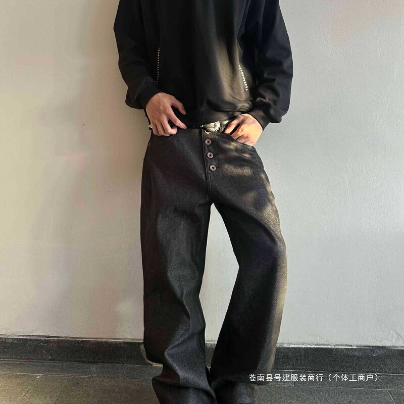 14oz American Retro Primary Color Washed Denim Loose Wide-Leg Five-Button Straight Jeans