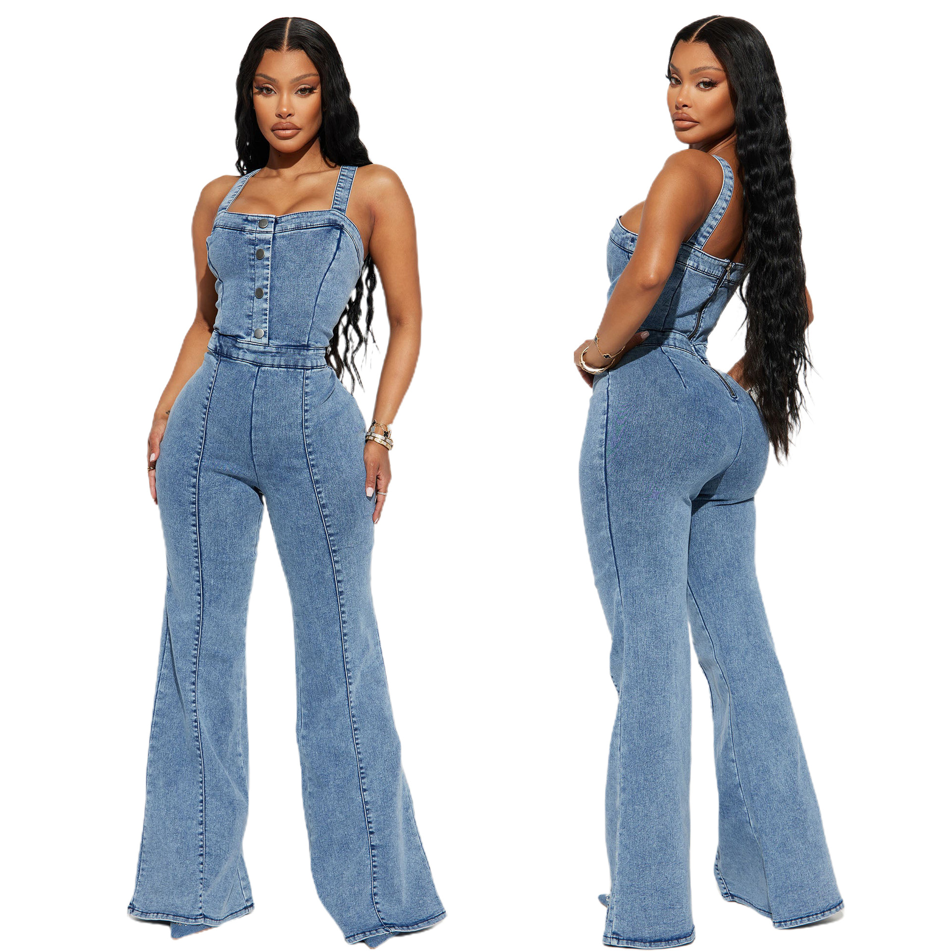 500g Weight Sleeveless Sleeve Length Full Length Pants Length Cotton, Denim Fabric Type High Waist Waist Line Jumpsuits Pants Type Stretchy Elasticity Bodysuits Tops Type Holiday, Daily, Selfie Occasion Loose Fit Type Solid Color Pattern Summer, Spring, Autumn Season Women's Gender Casual, Streetwear Style Women's Holiday Daily Selfie Bodysuits Casual Streetwear Solid Color Full Length Jumpsuits 无