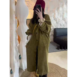 秋冬季新款法式高级小众设计感韩版炒色复古灯芯绒风衣外套女