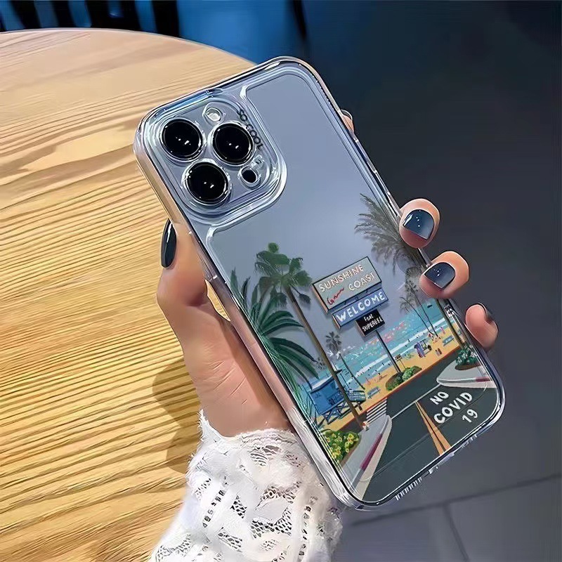 Playa romántica para iphone16promax funda para teléfono móvil transparente Apple 15 anti-caída 14pro Europa y América 13/12